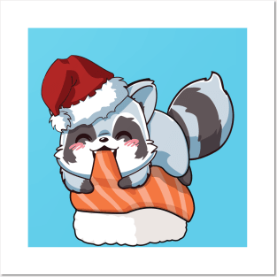 Racoon Salmon Sushi Christmas Posters and Art